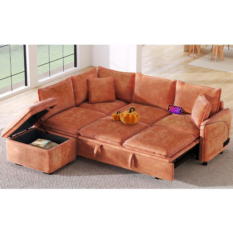 82.67"Convertible Sofa Bed Sectional Sofa Sleeper L-shaped Sofa with a Storage Ottoman,Two Pillows, Two Power Sockets and Two USB Ports for Living Room, Orange