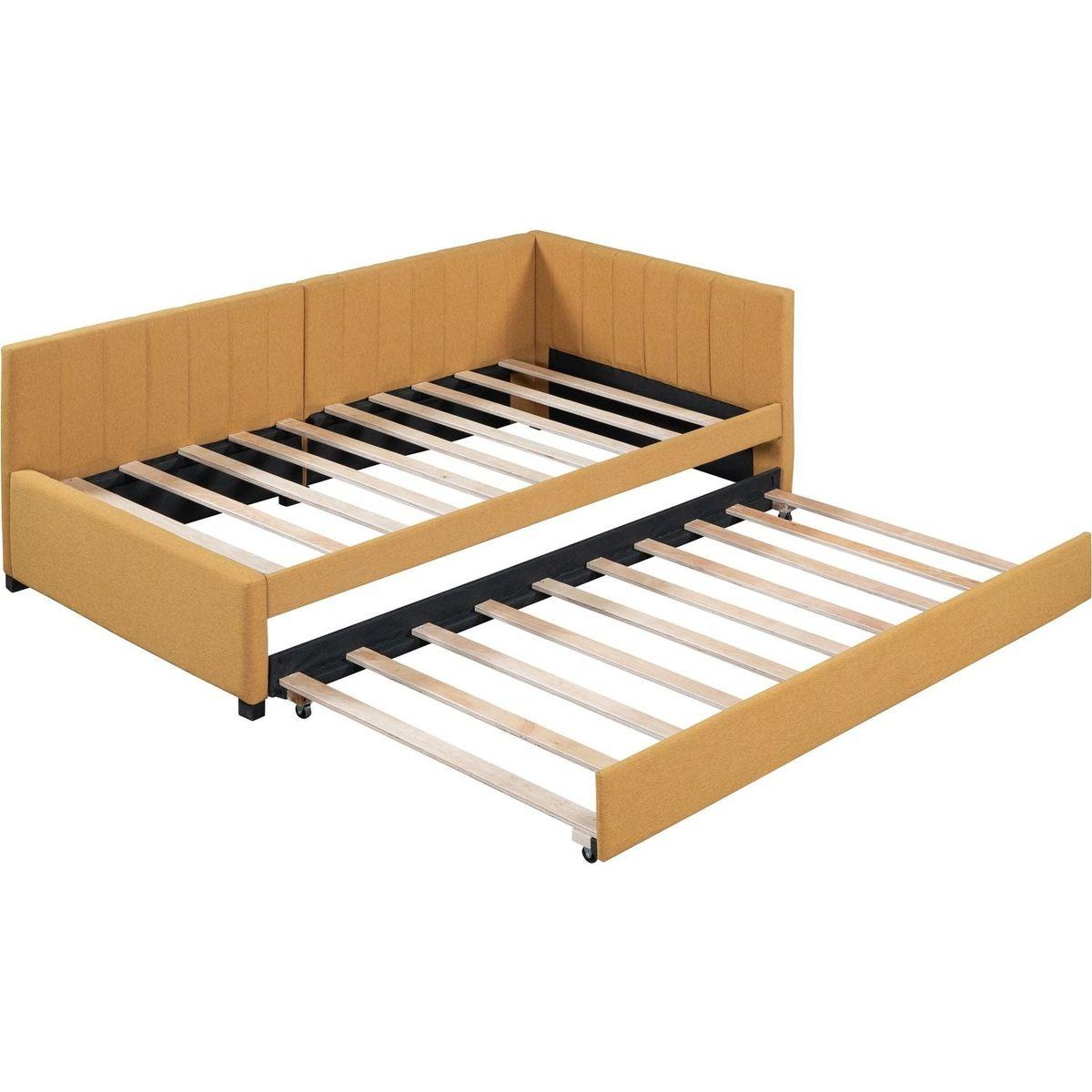 Upholstered Daybed with Trundle Twin Size Sofa Bed Frame No Box Spring Needed, Linen Fabric(Yellow)
