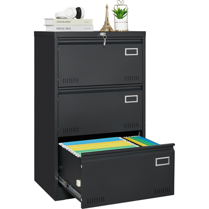 Filing Cabinet Lateral File Cabinet 3 Drawer, Blcak Locking Metal File Cabinets Three Drawer, Office Filing Cabinet with Lock Drawers for Home Office/Legal/Letter/A4/F4