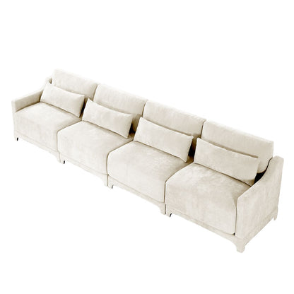 Elegant Four-Seater Chenille Sofa with Lumbar Pillow, Ergonomic Design, Solid Wood Frame, Beige
