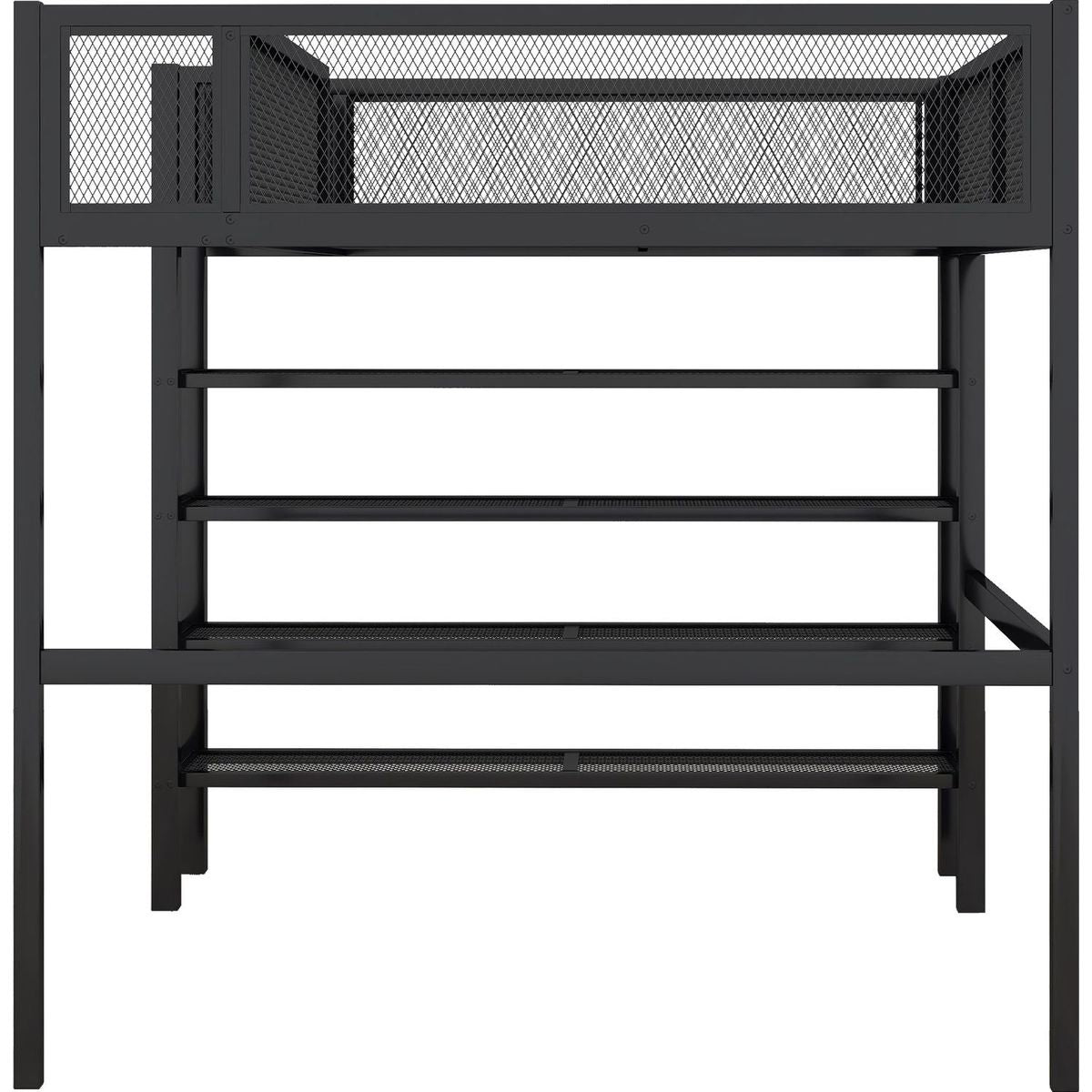 Full Size Metal Loft Bed with 4-Tier Shelves and Storage, Black