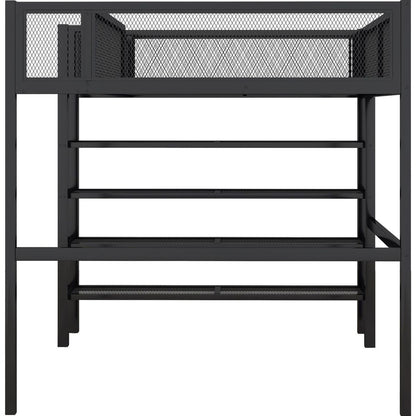 Full Size Metal Loft Bed with 4-Tier Shelves and Storage, Black