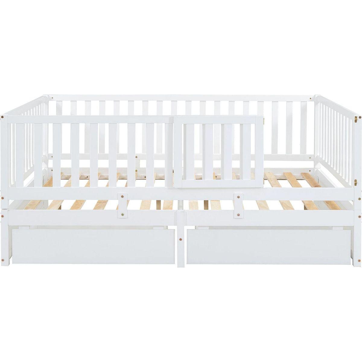 Full Size Wood Daybed with Fence Guardrails and 2 Drawers, Split into Independent Floor Bed & Daybed, White