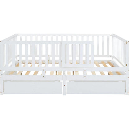 Full Size Wood Daybed with Fence Guardrails and 2 Drawers, Split into Independent Floor Bed & Daybed, White