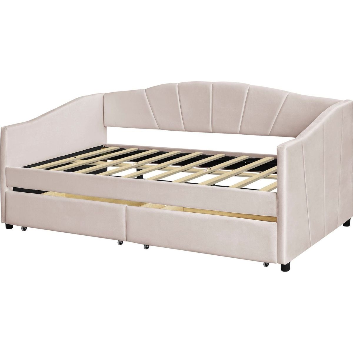 Upholstered daybed Twin Size with Two Drawers and Wood Slat, Beige
