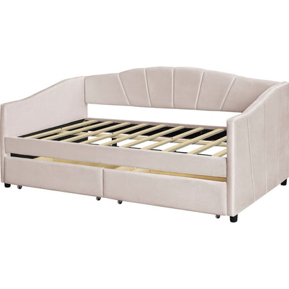 Upholstered daybed Twin Size with Two Drawers and Wood Slat, Beige