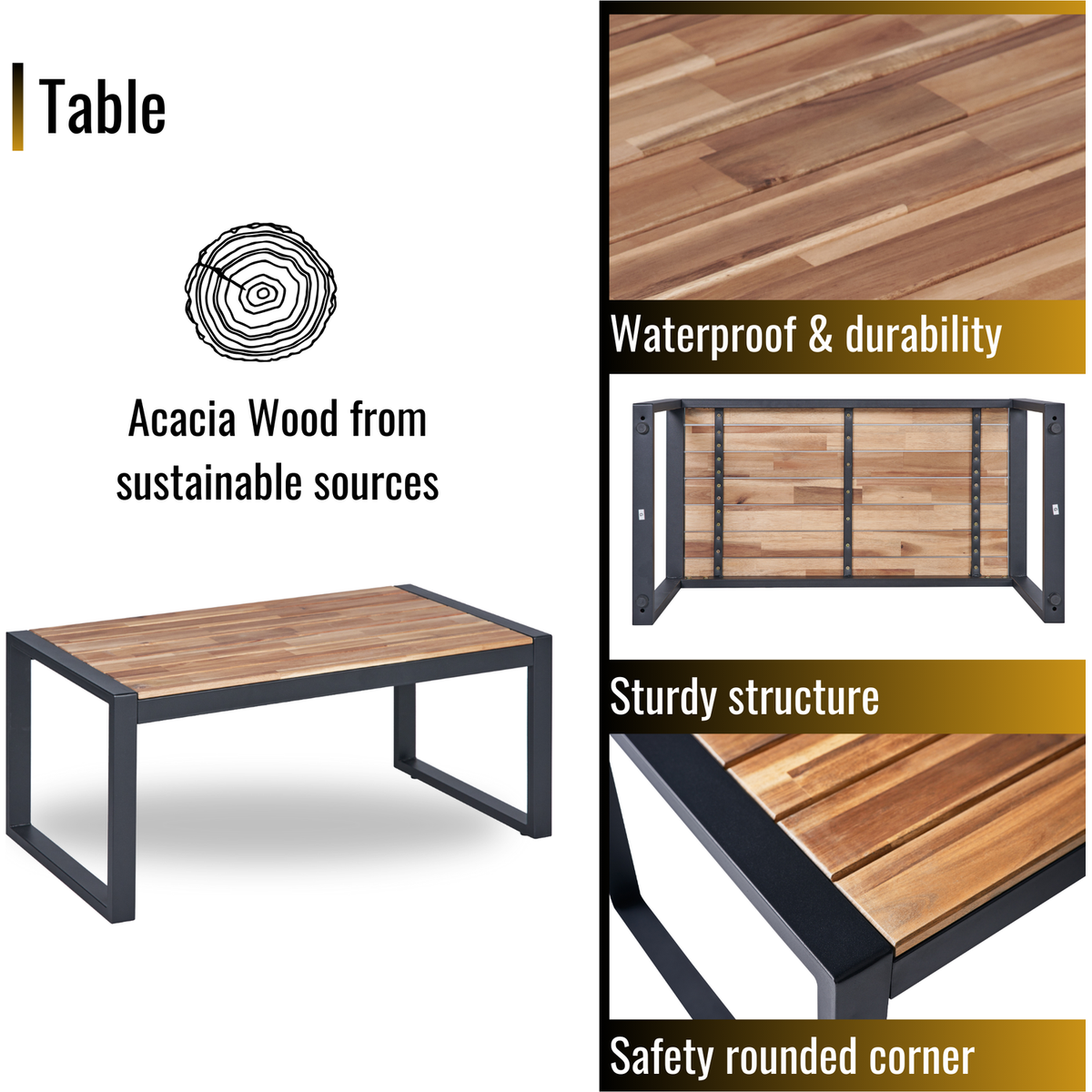 4-Piece Patio Furniture Set Outdoor Balcony Porch Garden Backyard Lawn Furniture Acacia Wood Table Top, Morden Black and Light Brown