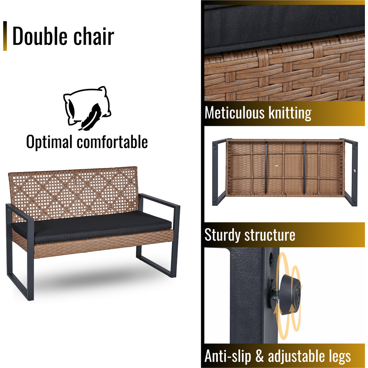 4-Piece Patio Furniture Set Outdoor Balcony Porch Garden Backyard Lawn Furniture Acacia Wood Table Top, Morden Black and Light Brown