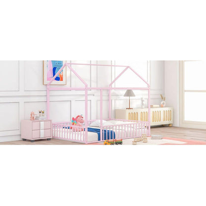 Full Size Metal Bed House Bed Frame with Fence, for Kids, Teens, Girls, Boys,Pink