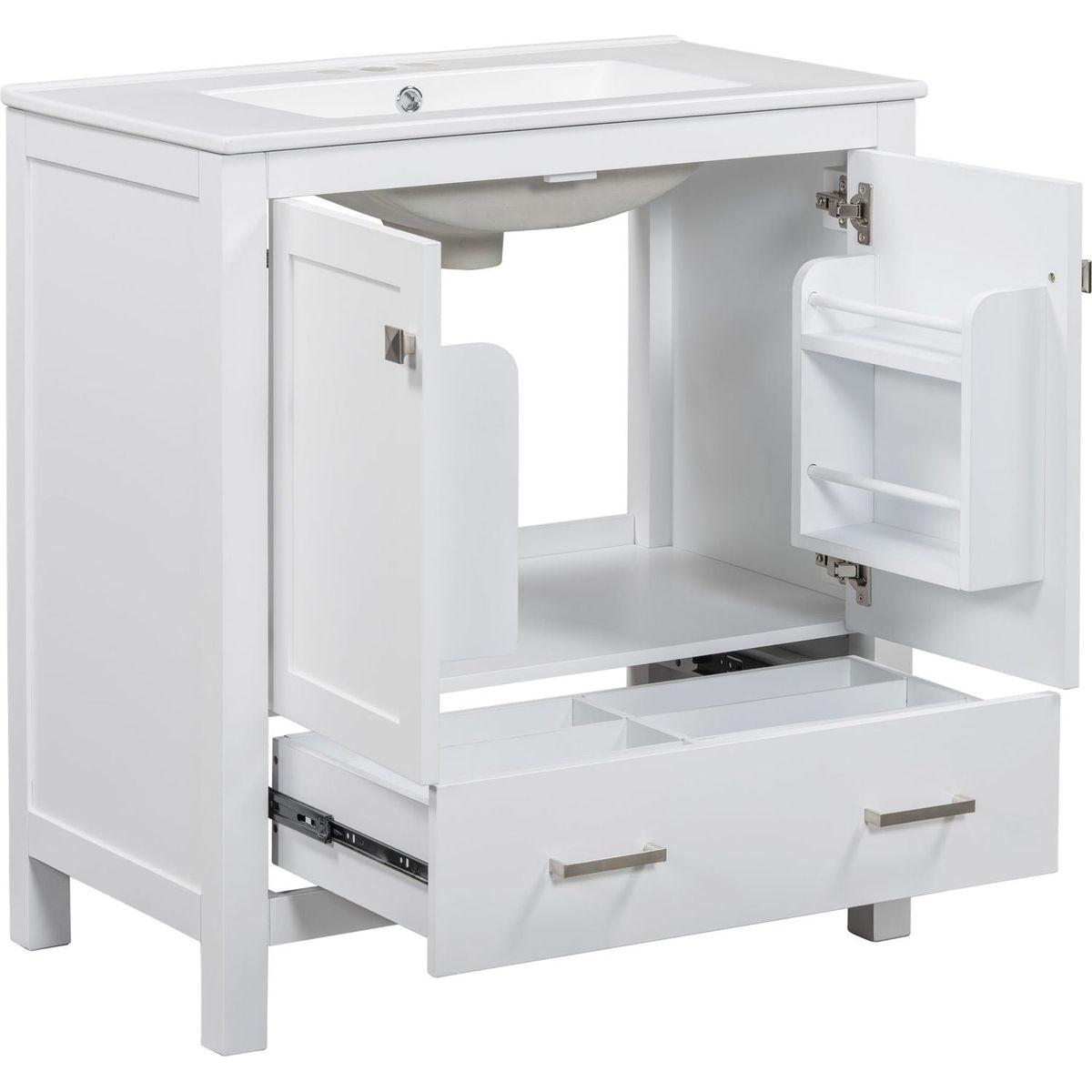 30" White Bathroom Vanity with Single Sink, Combo Cabinet Undermount Sink, Bathroom Storage Cabinet with 2 Doors and a Drawer, Soft Closing, Multifunctional Storage, Solid Wood Frame