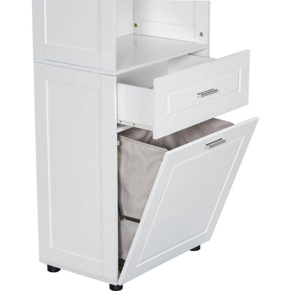 Tall Bathroom Cabinet with Laundry Basket, Large Storage Space Tilt-Out Laundry Hamper and Upper Storage Cabinet, White