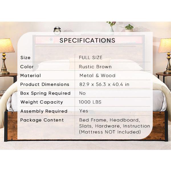 Lift-up Storage Bed Frame, Full Size Bed Frame with Bookcase Headboard & LED Lights, Wooden Platform Bed Frame with Charging Station, No Spring Box Needed, Rustic Brown