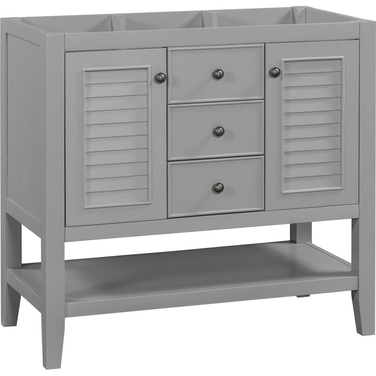 36" Bathroom Vanity without Sink, Cabinet Base Only, Two Cabinets and Drawers, Open Shelf, Solid Wood Frame, Grey