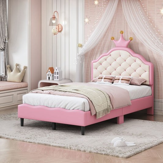 Twin Size  Lovely Crown Fantasy PU Leather Princess Bed with Tufted Headboard, Pink+Cream