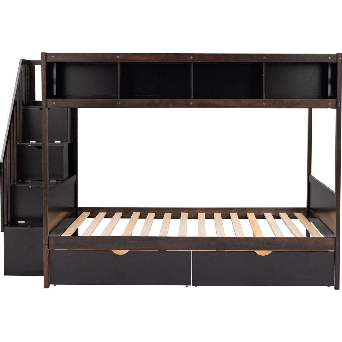 Twin over Full Bunk Bed with Shelfs, Storage Staircase and 2 Drawers, Espresso