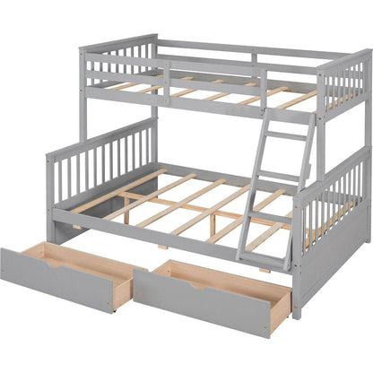 Twin-Over-Full Bunk Bed with Ladders and Two Storage Drawers(Gray){o