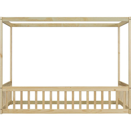Twin Size Canopy Frame Floor Bed with Fence, Guardrails,Natural