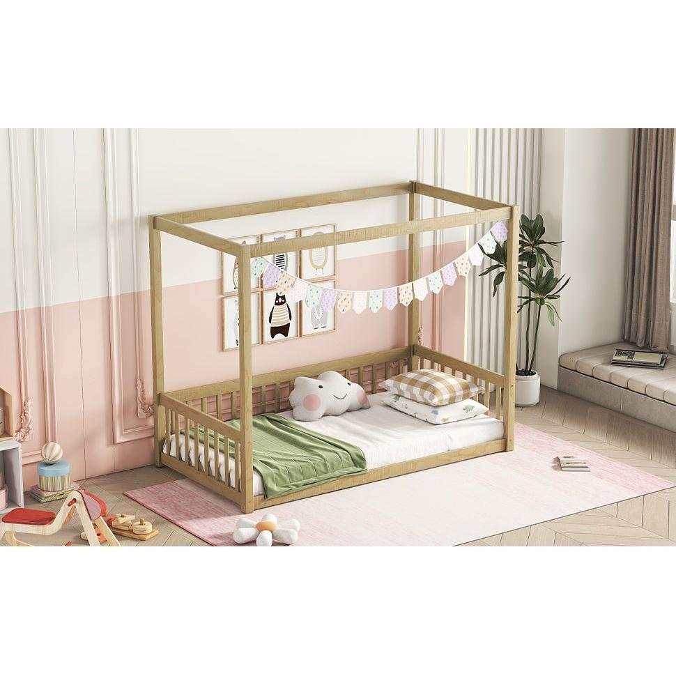 Twin Size Canopy Frame Floor Bed with Fence, Guardrails,Natural