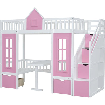 Twin-Over-Twin Bunk Bed with Changeable Table, Bunk Bed Turn into Upper Bed and Down Desk -Pink