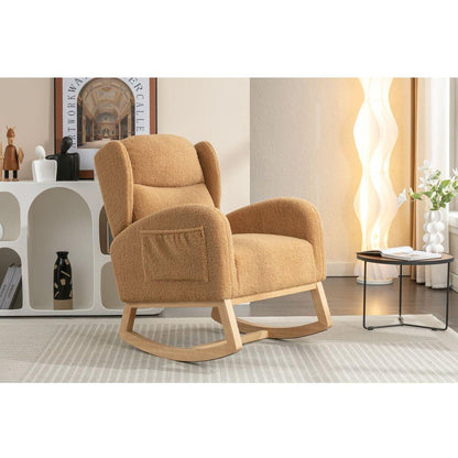 Teddy Fabric Rocking Chair With Packet Wood Legs,Khaki
