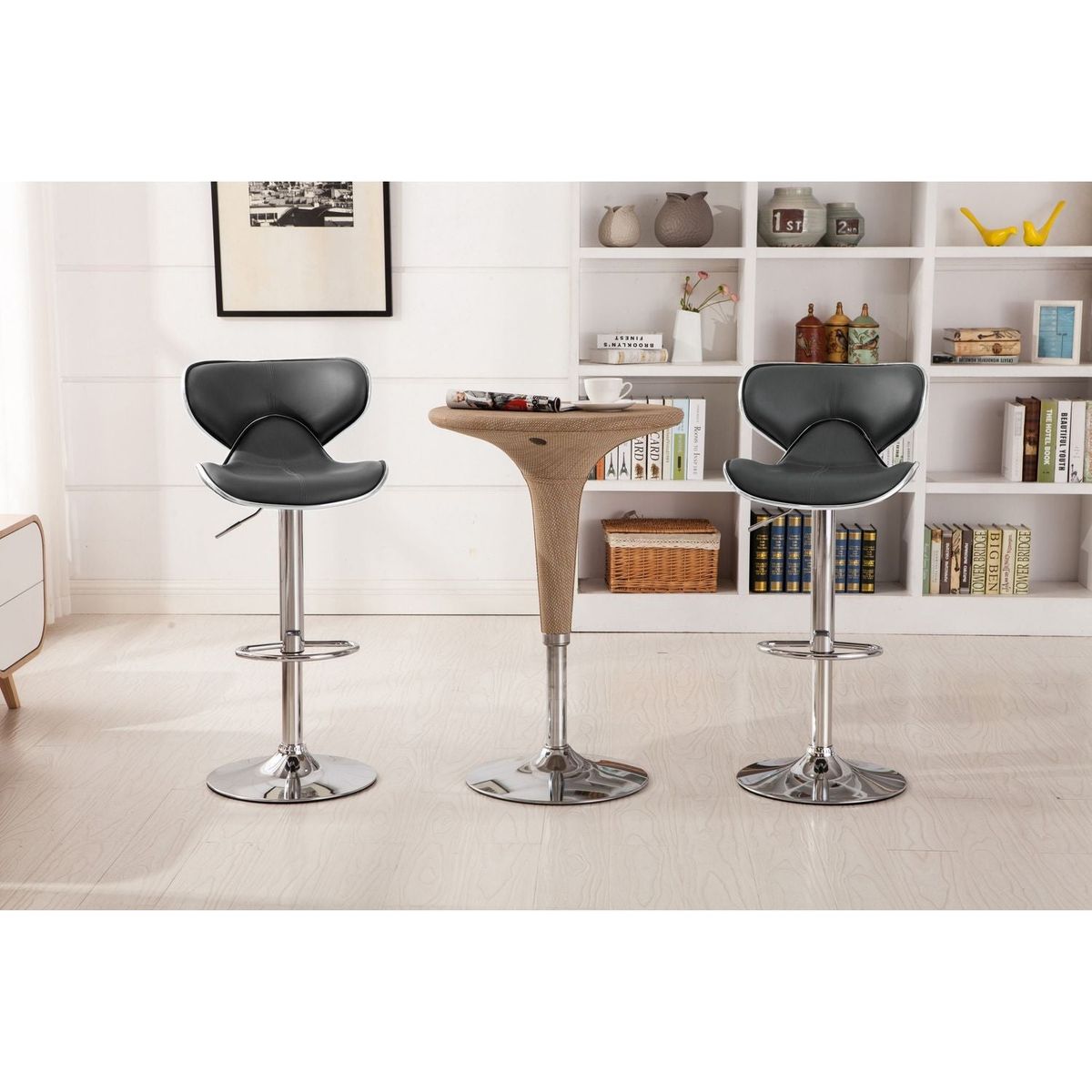 Masaccio Upholstery Airlift Adjustable Swivel Barstool with Chrome Base, Set of 2, Grey
