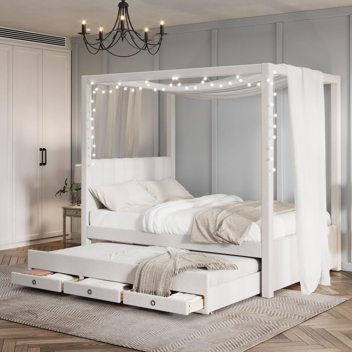 Full Size Upholstery Canopy Platform Bed with Trundle and Three Storage Drawers, Beige - Streamdale Furniture