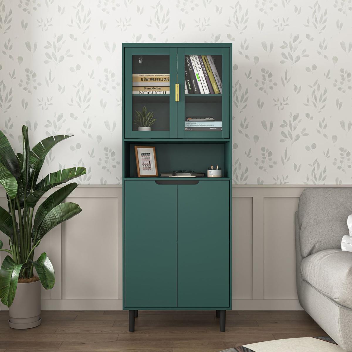 Tall Storage Show Cabinet with 2 Glass Display Door & 2 Doors, Tall Kitchen Pantry Cabinet with Gold Handles, Modern Cabinet Freestanding for Bathroom, Dining Living Room, Green