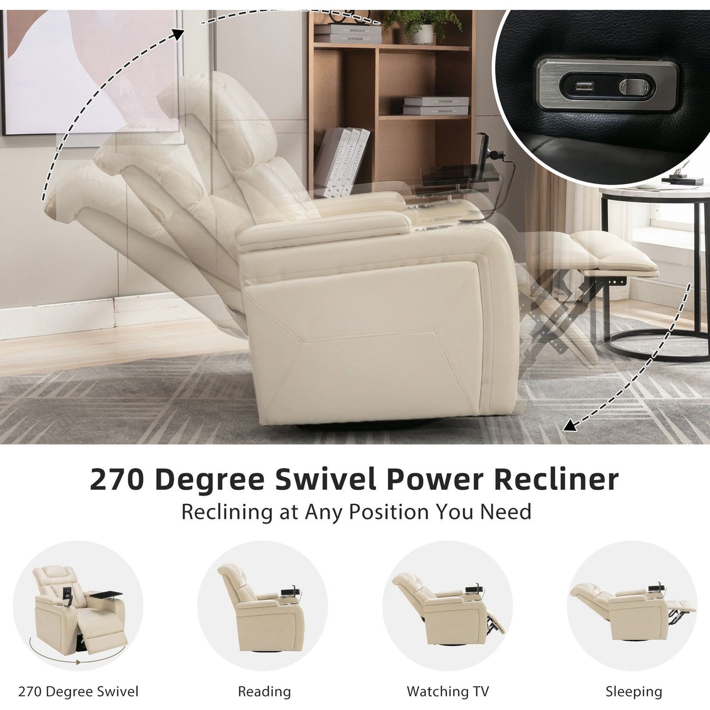 270 Degree Swivel PU Leather Power Recliner Individual Seat Home Theater Recliner with Comforable Backrest, Tray Table, Phone Holder, Cup Holder, USB Port, Hidden Arm Storage for Living Room, White