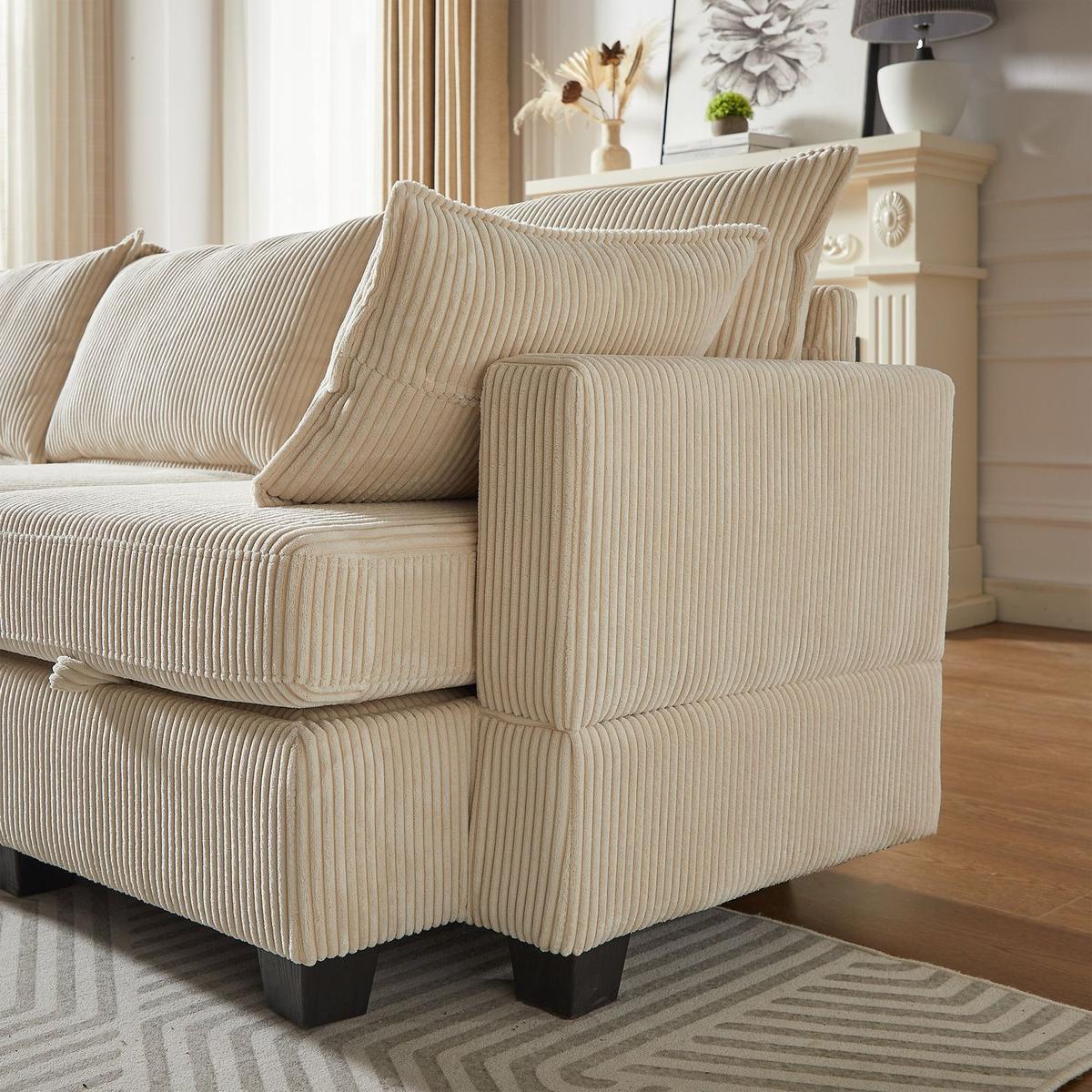 113.5" Modular Sectiona Corduroy Sofa, Sectional Couches for Living Room U Shaped Sectional Couch with Storage Ottoman, 6 Seats Convertible Sectionals with Chaise