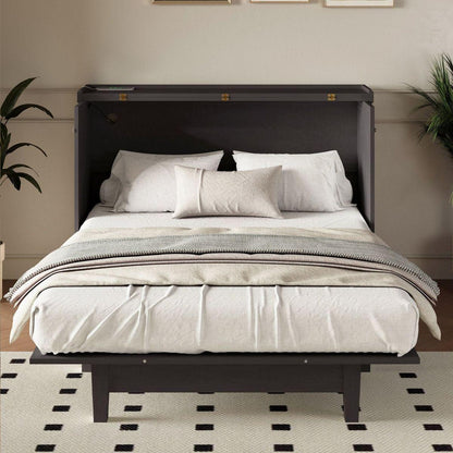 Solid Pine Murphy Bed Chest Cube Cabinet Bed with Charging Station and Large Storage Drawer for Home Office or Small Room,Full,Gray