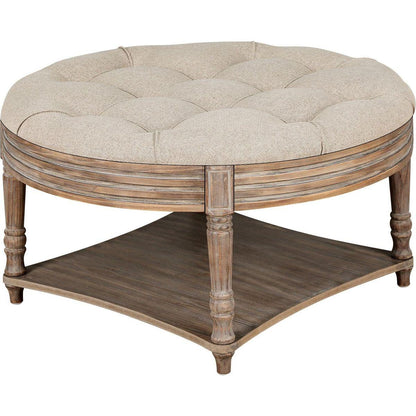 Large Round Ottoman Coffee Table 2 Tier Oversized Button Tufted Ottoman with Wooden Shelf Storage Farmhouse Upholstered Coffee Table Living Room Footstool Ottoman Linen