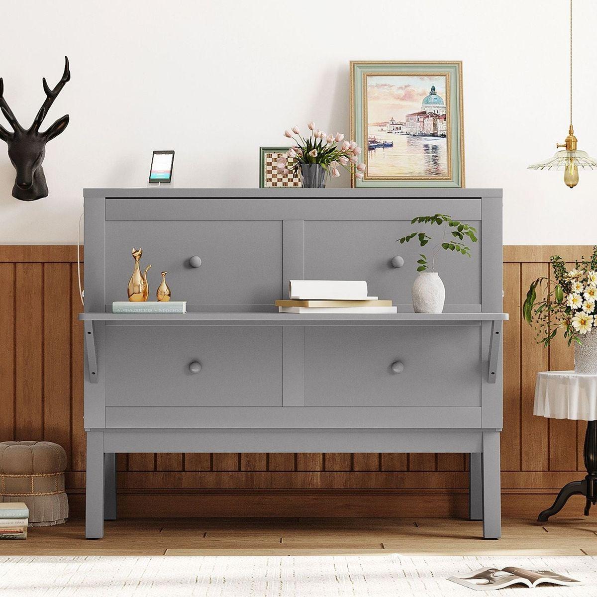 Full Size Murphy Bed with USB Port and removable Shelves on Each Side,Gray