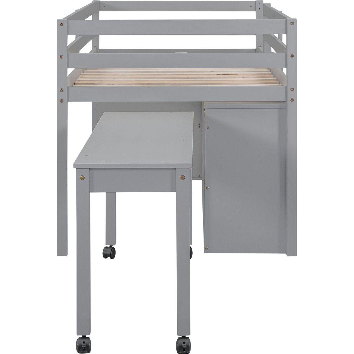 Twin Size Loft Bed with Retractable Writing Desk and 4 Drawers, Wooden Loft Bed with Lateral Portable Desk and Shelves, Gray