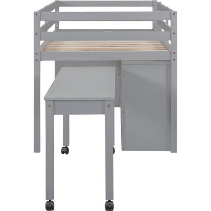Twin Size Loft Bed with Retractable Writing Desk and 4 Drawers, Wooden Loft Bed with Lateral Portable Desk and Shelves, Gray