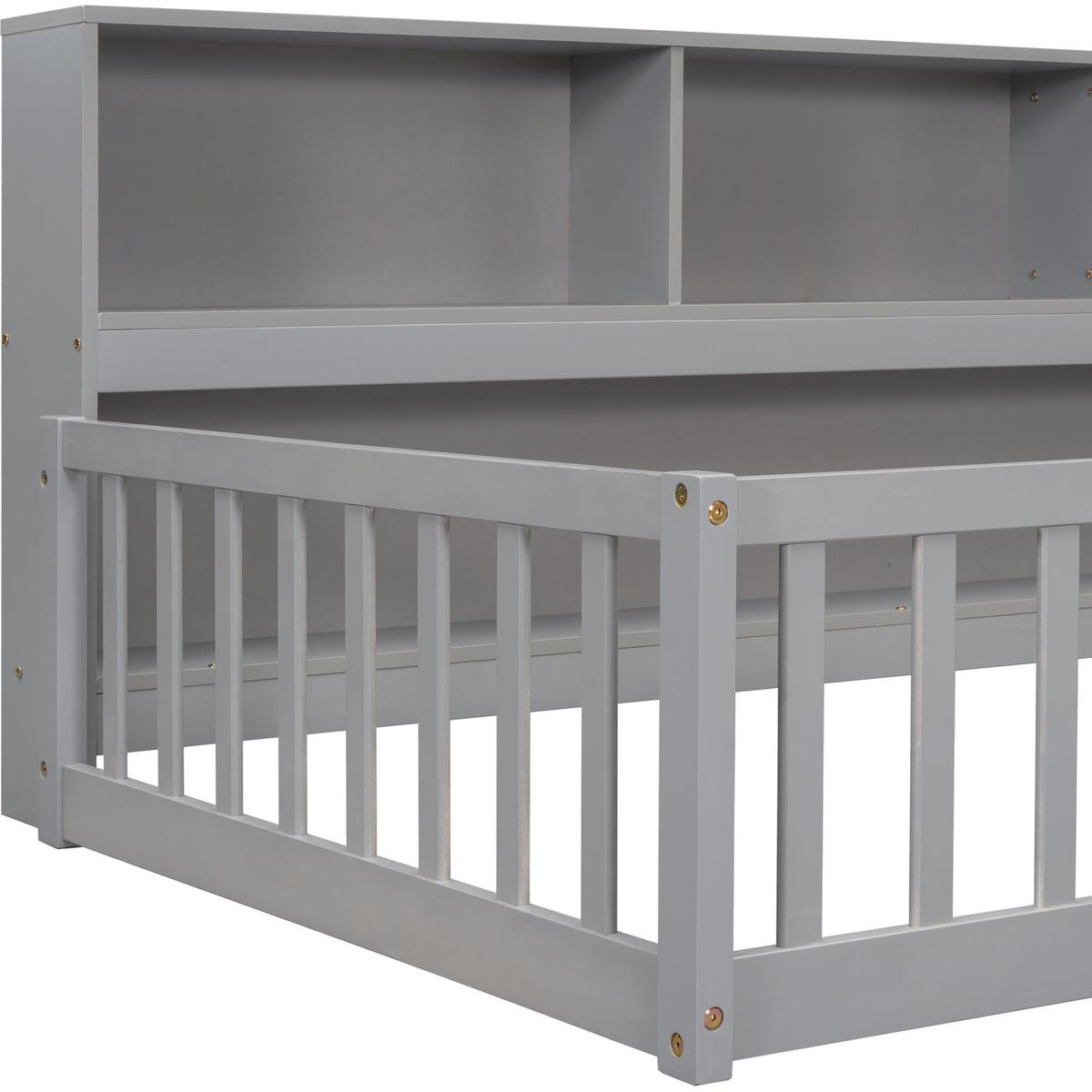 Twin Floor Bed with Bedside Bookcase,Shelves,Guardrails,Grey
