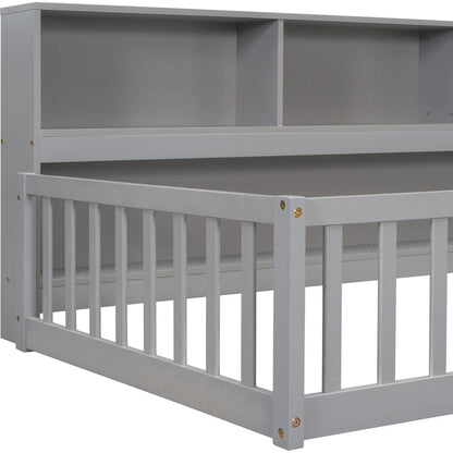 Twin Floor Bed with Bedside Bookcase,Shelves,Guardrails,Grey