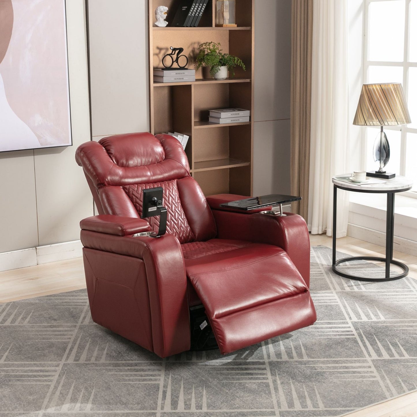 270 Degree Swivel PU Leather Power Recliner Individual Seat Home Theater Recliner with Comforable Backrest, Tray Table, Phone Holder, Cup Holder, USB Port, Hidden Arm Storage for Living Room, Red