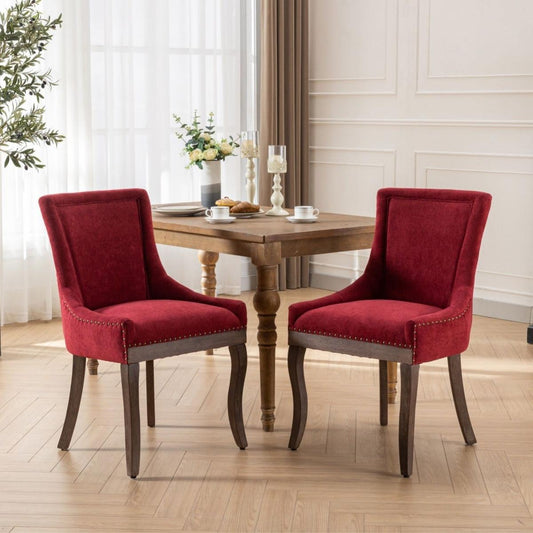 Ultra Side Dining Chair,Thickened fabric chairs with neutrally toned solid wood legs,Bronze nail head,Set of 2,Wine Red,Burgundy