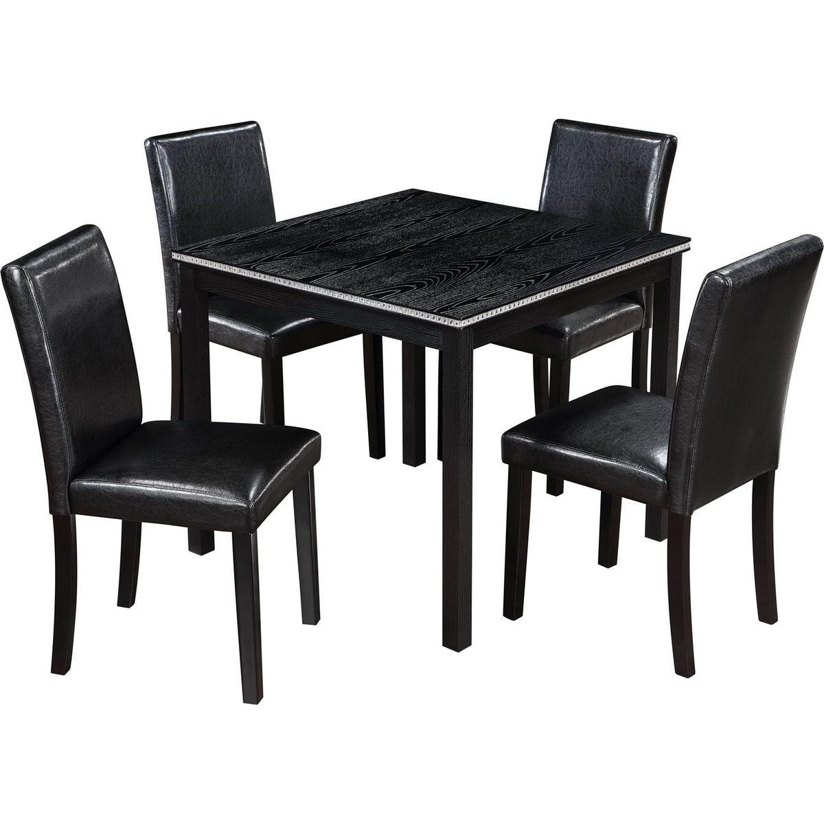 5 Piece Wooden Dining Table Set, Kitchen Table Set with a Square Table and 4 Upholstered Chairs, Wooden Dining Room Table with Crystal Decoration and Chairs Set for Kitchen, Dining Room, Black