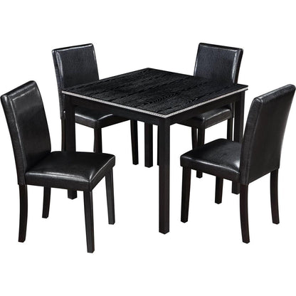 5 Piece Wooden Dining Table Set, Kitchen Table Set with a Square Table and 4 Upholstered Chairs, Wooden Dining Room Table with Crystal Decoration and Chairs Set for Kitchen, Dining Room, Black