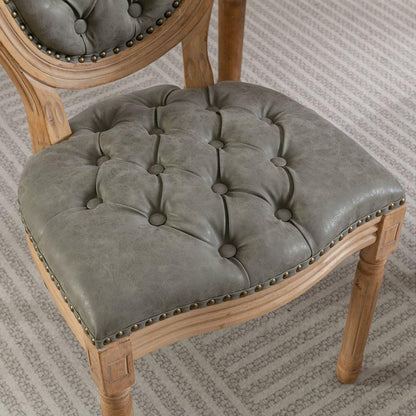 French Style Solid Wood Frame Antique Painting,Hand-pulled buckle decoration PU artificial leather Dining Chair with Nailhead Trim, Wood Legs,Set of 2,White Pine Green
