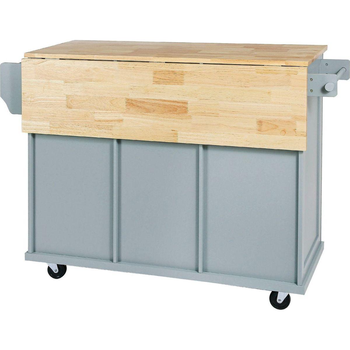 Kitchen Cart with Rubber wood Drop-Leaf Countertop, Cabinet door internal storage racks,Kitchen Island on 5 Wheels with Storage Cabinet and 3 Drawers for Dining Room, Grey Blue