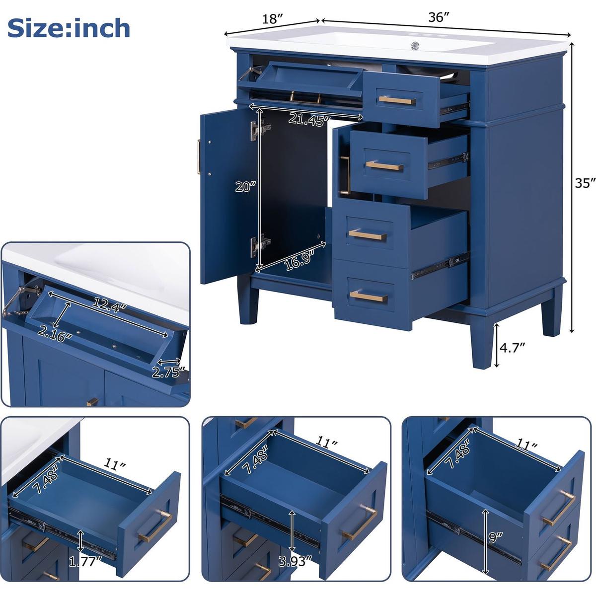 36-inch Bathroom Vanity with Resin Sink, Modern Bathroom Cabinet in Blue, Featuring Two Soft Close Doors and Four Drawers