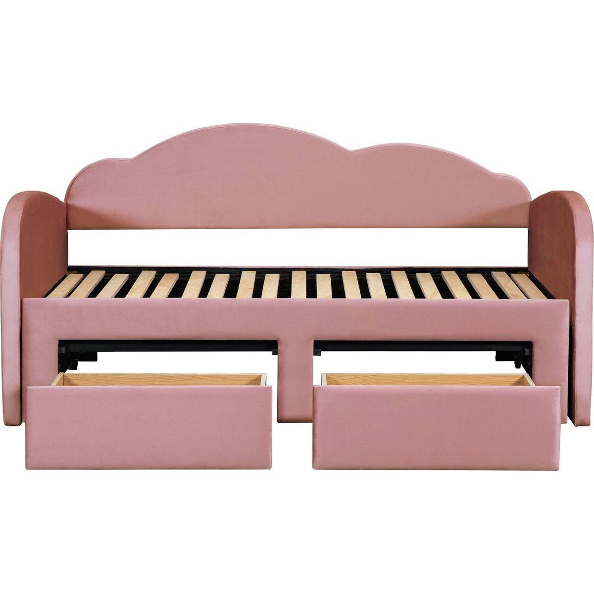 Twin Size Upholstered daybed with Cloud-Shaped Backrest, Trundle & 2 Drawers and USB Ports, Pink