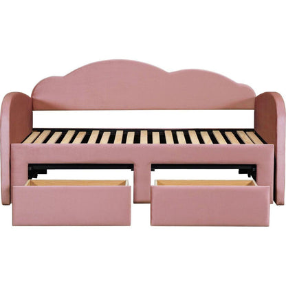 Twin Size Upholstered daybed with Cloud-Shaped Backrest, Trundle & 2 Drawers and USB Ports, Pink