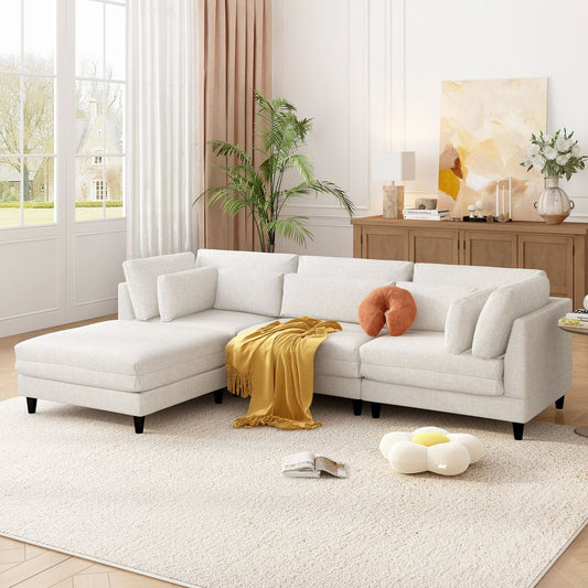 U_Style Modern Modular Sectional Sofa with Movable Ottoman, 110 Inch 4 Seat  Sofa Set with 5 pillows, Unique Piping Stitch Design, Convertible L-Shaped Sofa for Living Room, Office & Spacious Rooms