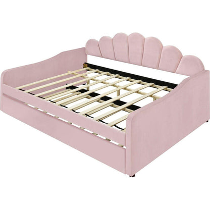 Full Size Upholstery Daybed Frame with Shall Shaped Backrest and Trundle,Pink
