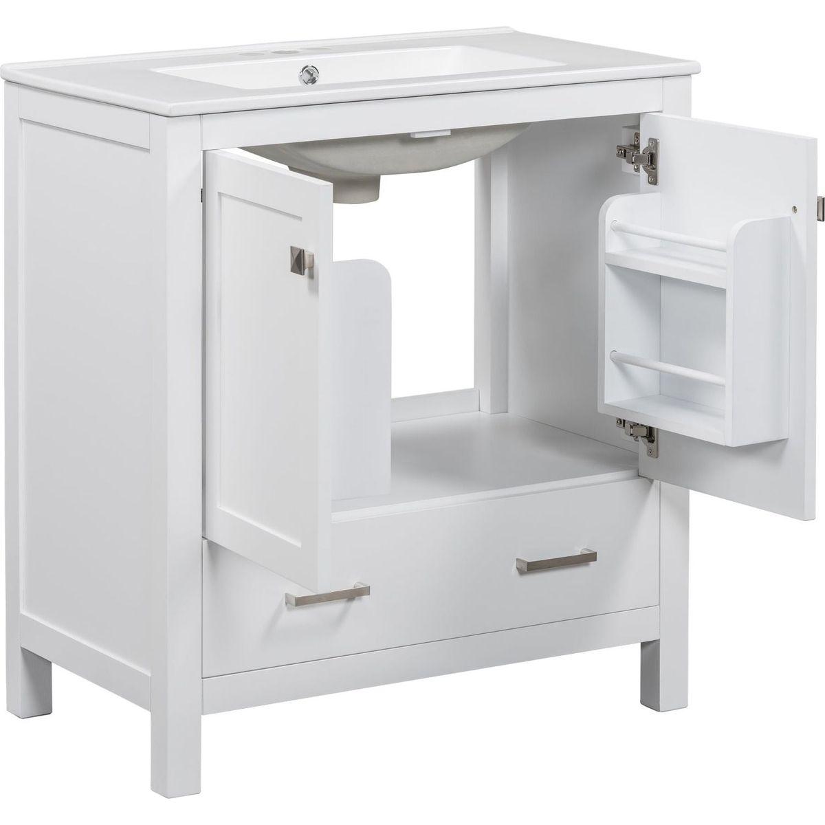 30" White Bathroom Vanity with Single Sink, Combo Cabinet Undermount Sink, Bathroom Storage Cabinet with 2 Doors and a Drawer, Soft Closing, Multifunctional Storage, Solid Wood Frame