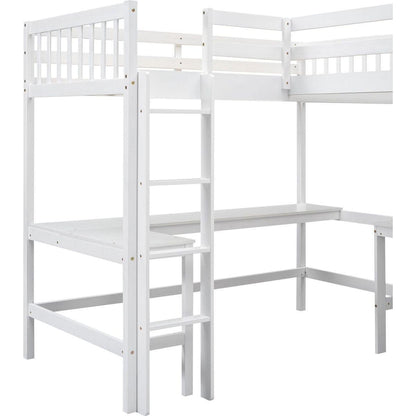 Wood Twin Size L-Shaped Loft Bed with Ladder and 2 Built-in L-Shaped Desks, White