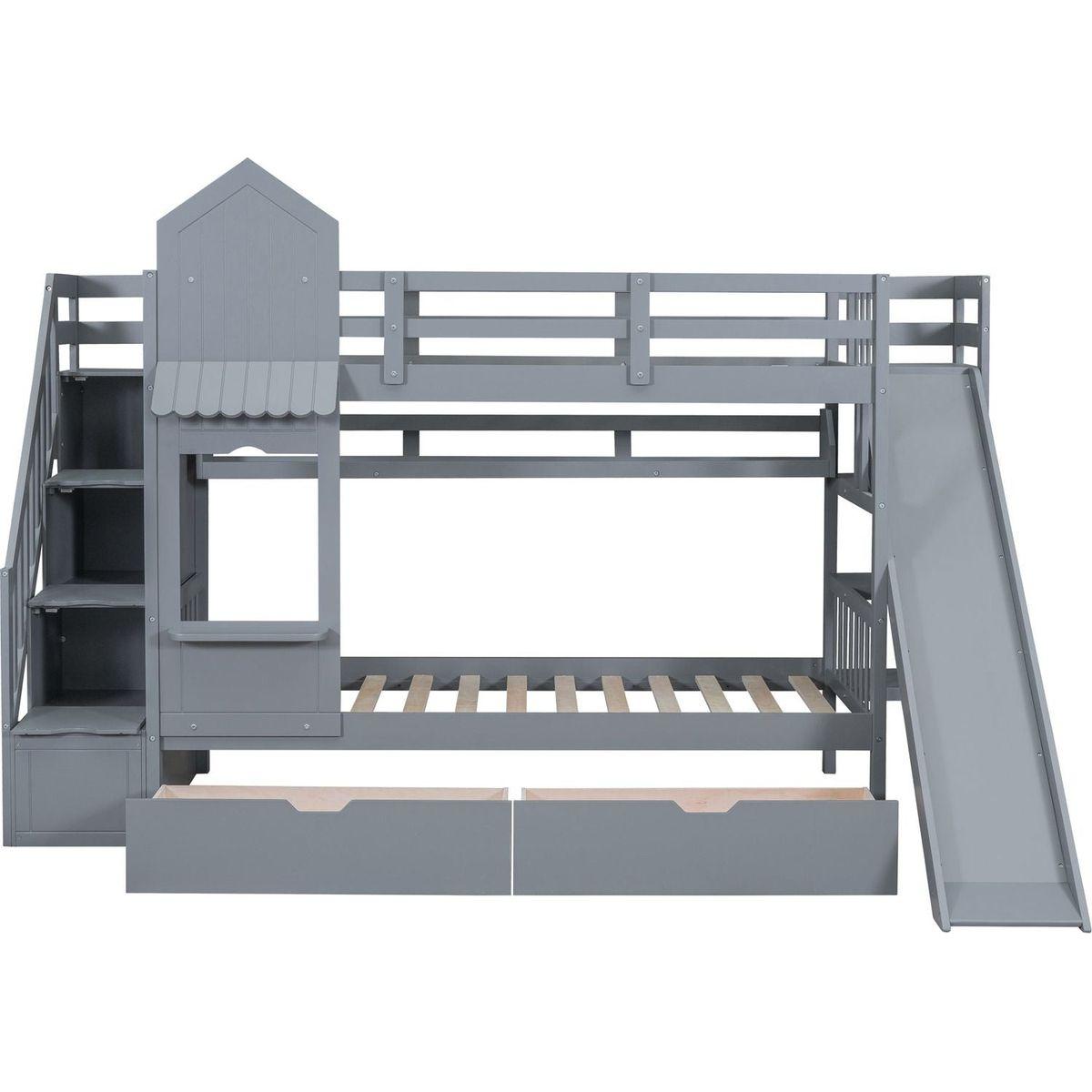 Twin-Over-Twin Castle Style Bunk Bed with 2 Drawers 3 Shelves and Slide - Gray